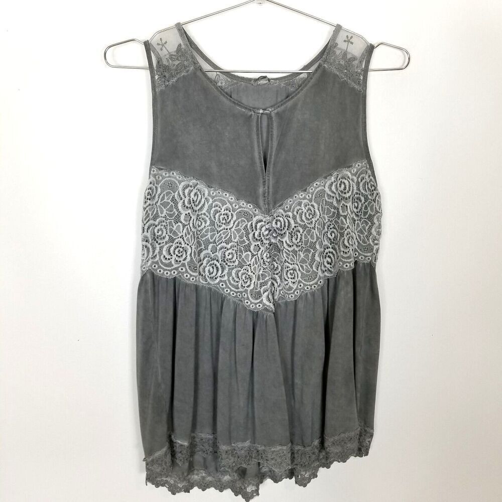 POL Women Tank Top Lace Trim Sz S Gray Boho Y2K Lightweight Summer